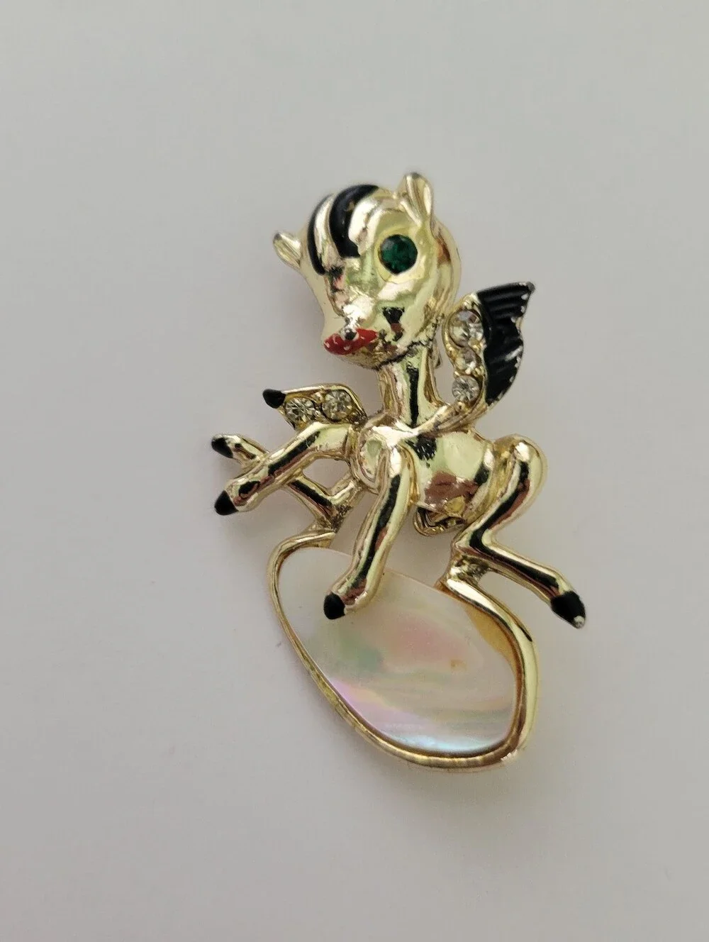 Vtg Pegasus Donkey Horse Brooch Pin Mother Of Pearl Mop Rhinestone Enamel Fairy
